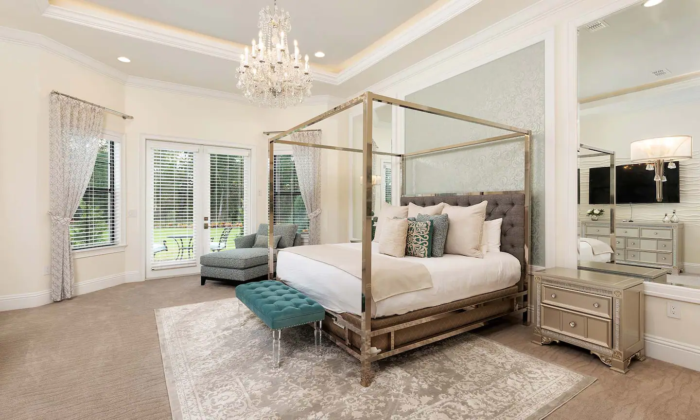 A bedroom with lots of space and would make you feel like a royalty.