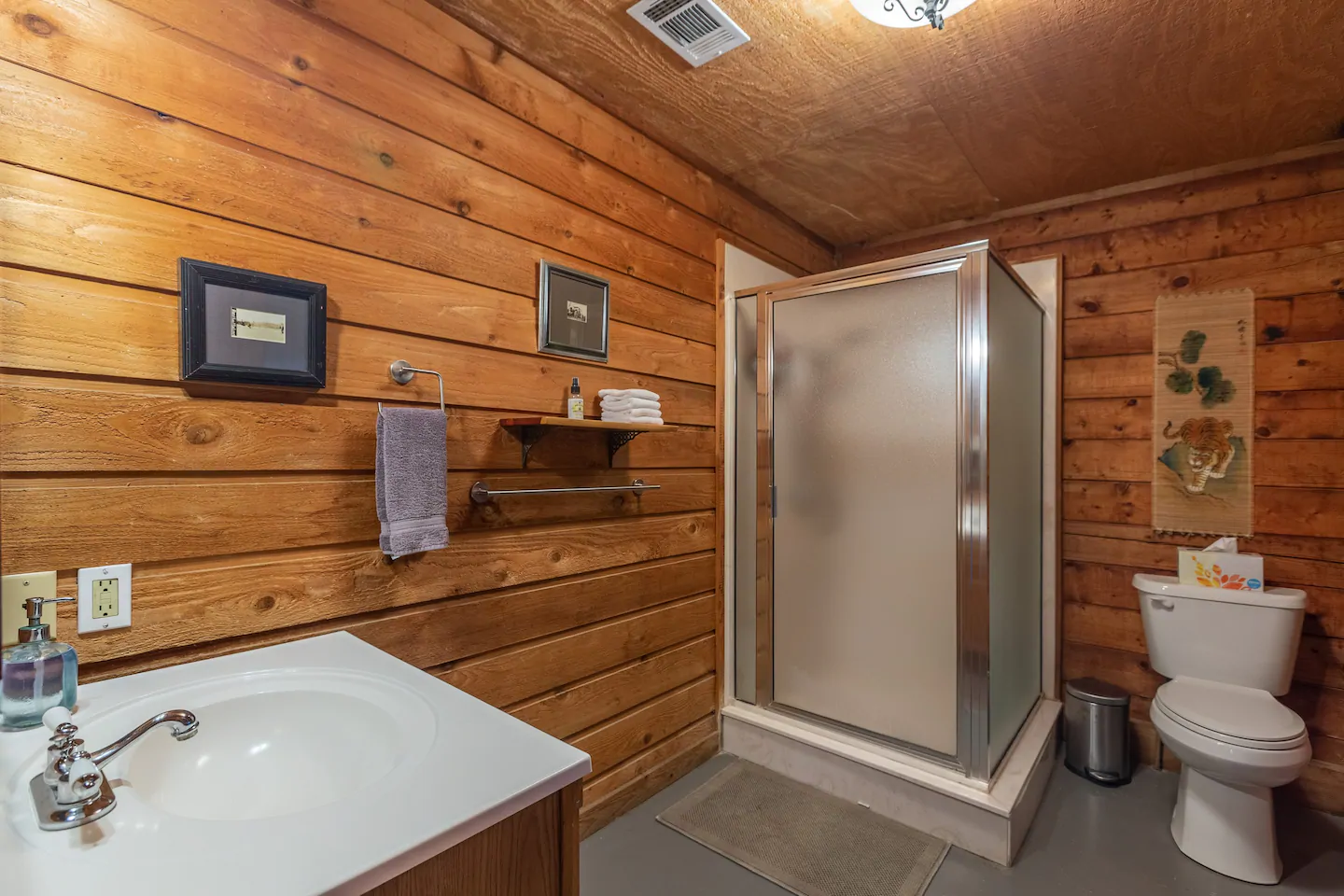 Spacious bathroom with walk-in shower.