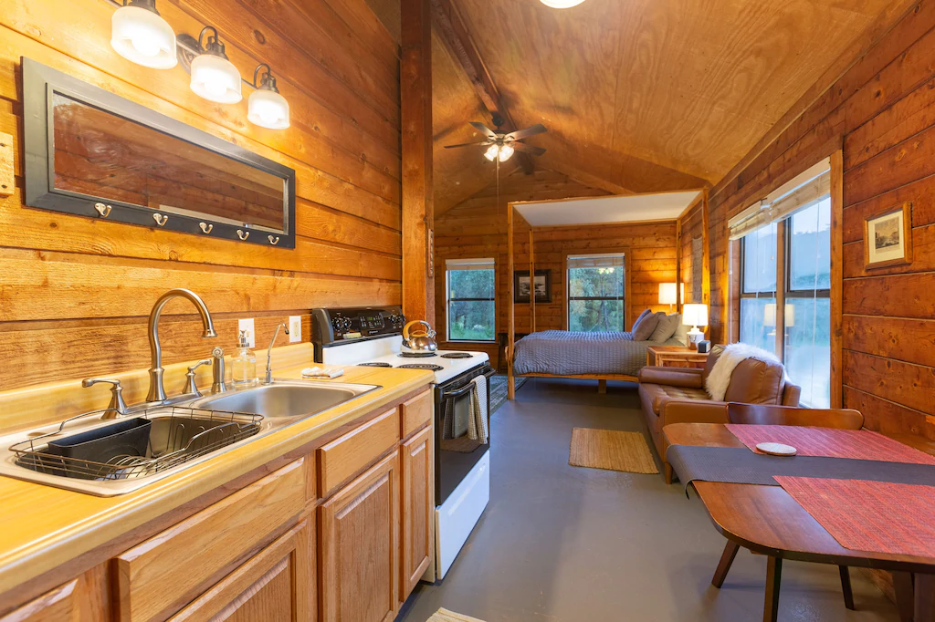The kitchen and dining area has all you need to cook meals for two.