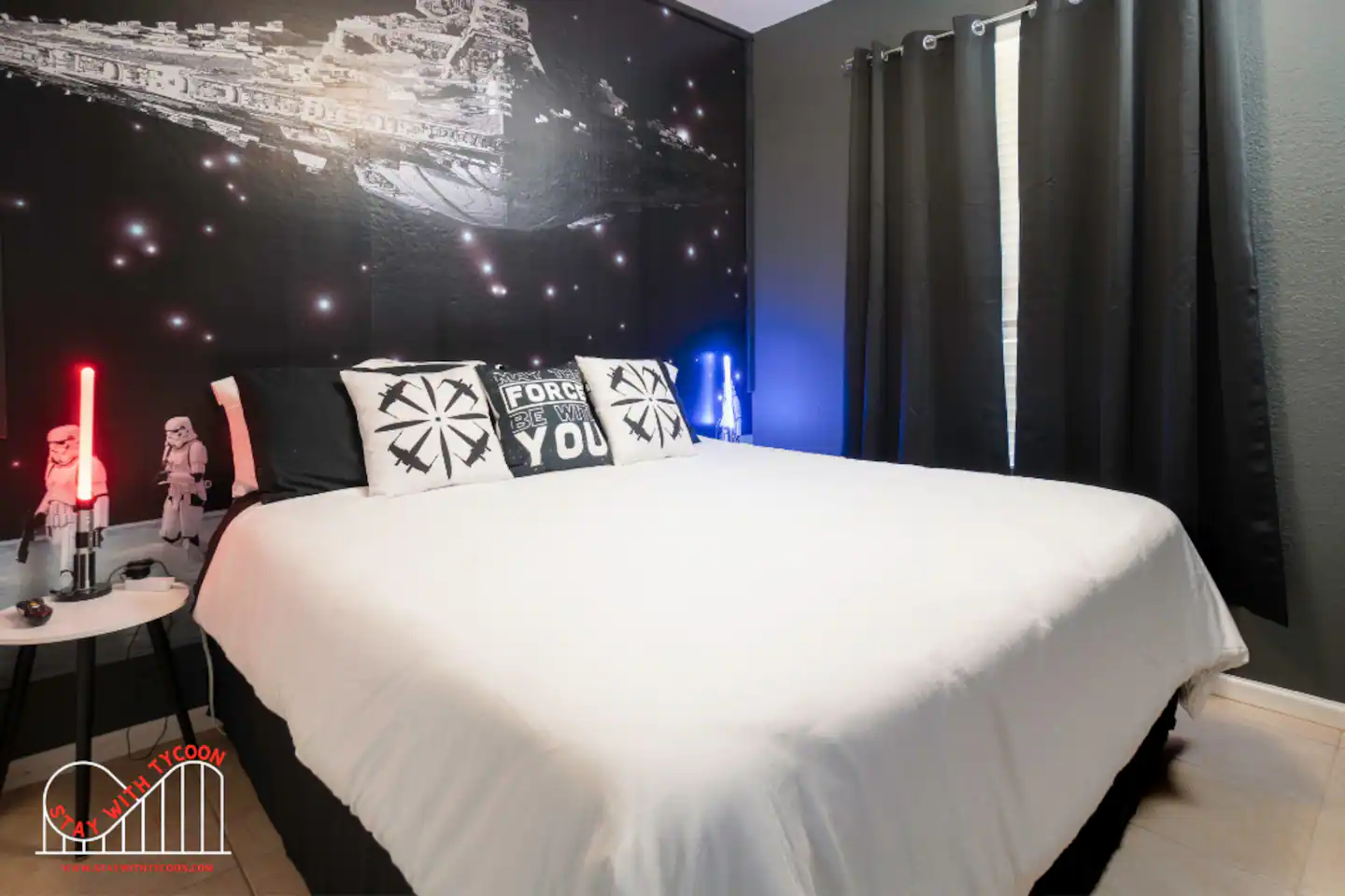 A king-sized bed in a Star Wars bedroom!

The Toy Story restroom is shared with the Harry Potter and Star Wars rooms!

Slides at the Community Pool

Living room with a Mickey Mouse motif!

Mickey Mouse Kitchen and Living Room in the Entryway!

Mickey Mouse Kitchen is fully stocked.