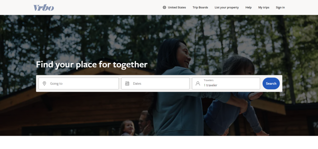 Screenshot of Vrbo's homepage, a popular Airbnb alternative specializing in vacation rentals.