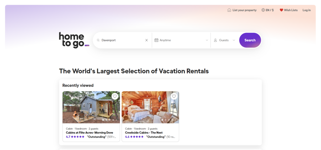 Snapshot of Hometogo's accommodation search page, a comprehensive travel booking site rivaling Airbnb