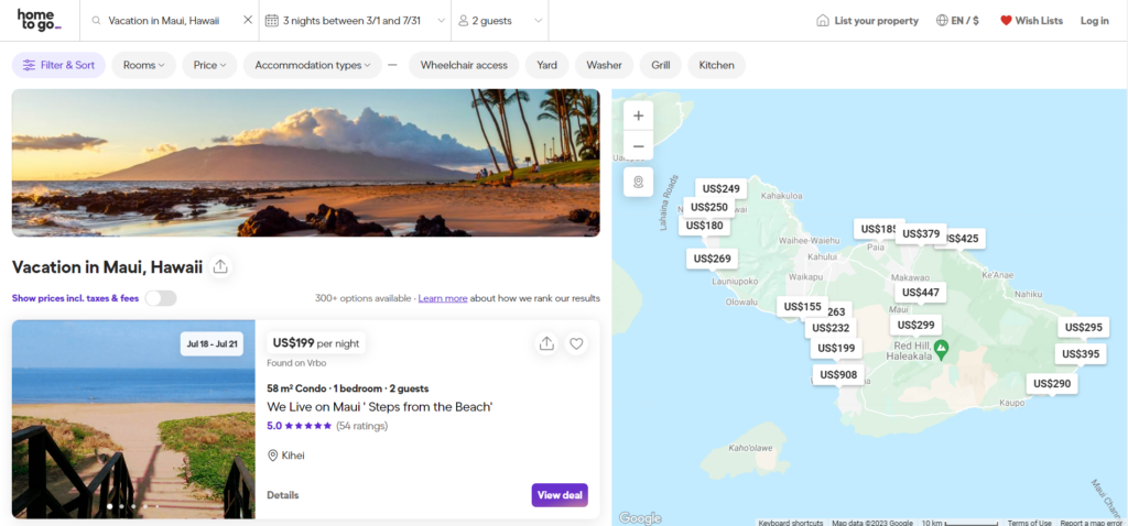 User-friendly interface of TripAdvisor, showcasing vacation rentals as an alternative to Airbnb.
