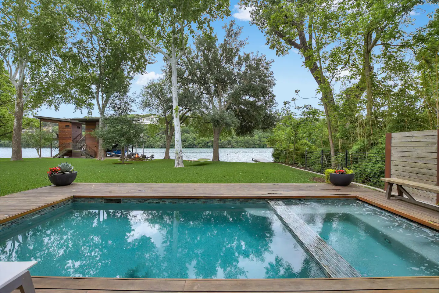 Indulge in the inviting allure of the plunge pool and hot tub outdoors.