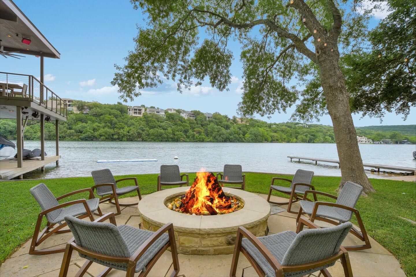 Unwind in the dock lounge area or gather around the firepit by the water's edge.
