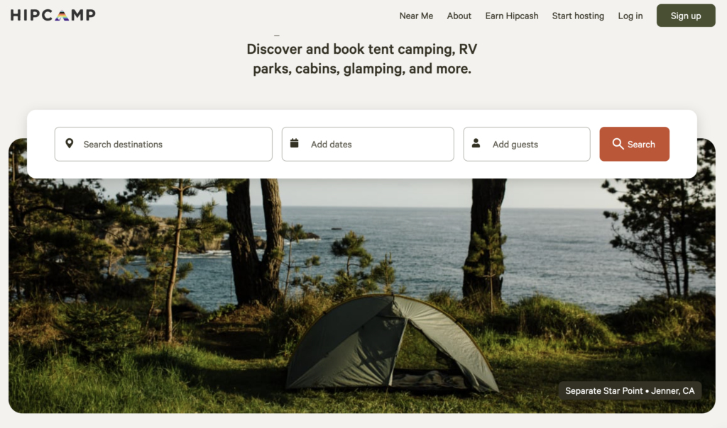 Overview of the Hipcamp website, focusing on camping rentals as a unique Airbnb alternative