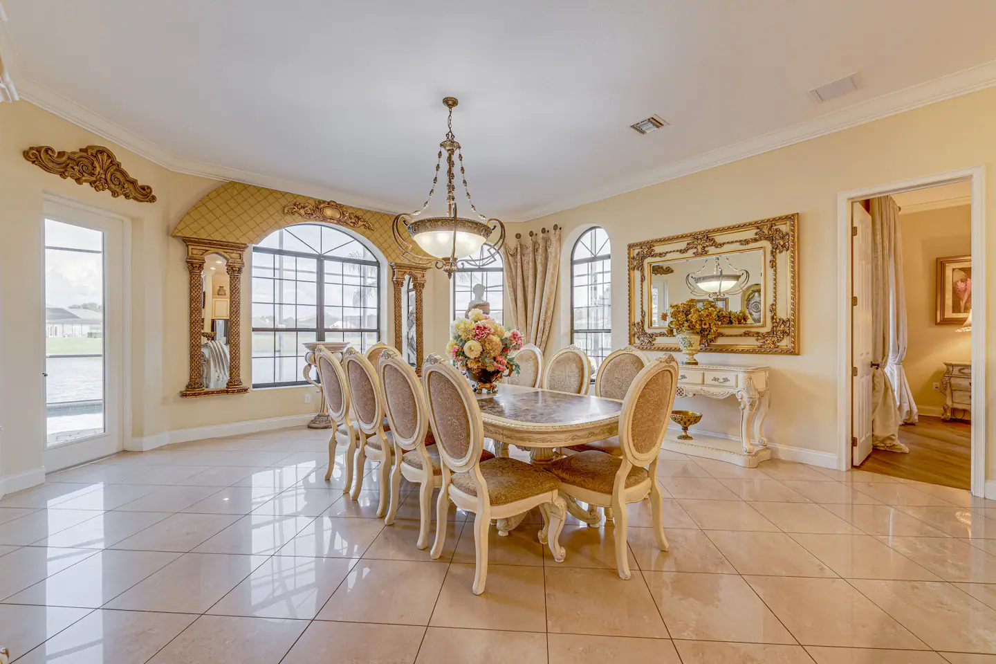 This elegant dining room is the perfect place to host a special occasion.