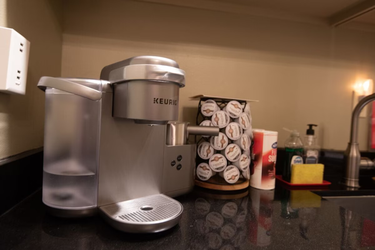 Keurig hot/iced coffee, latte or cappuccino maker in downstairs kitchenette.
