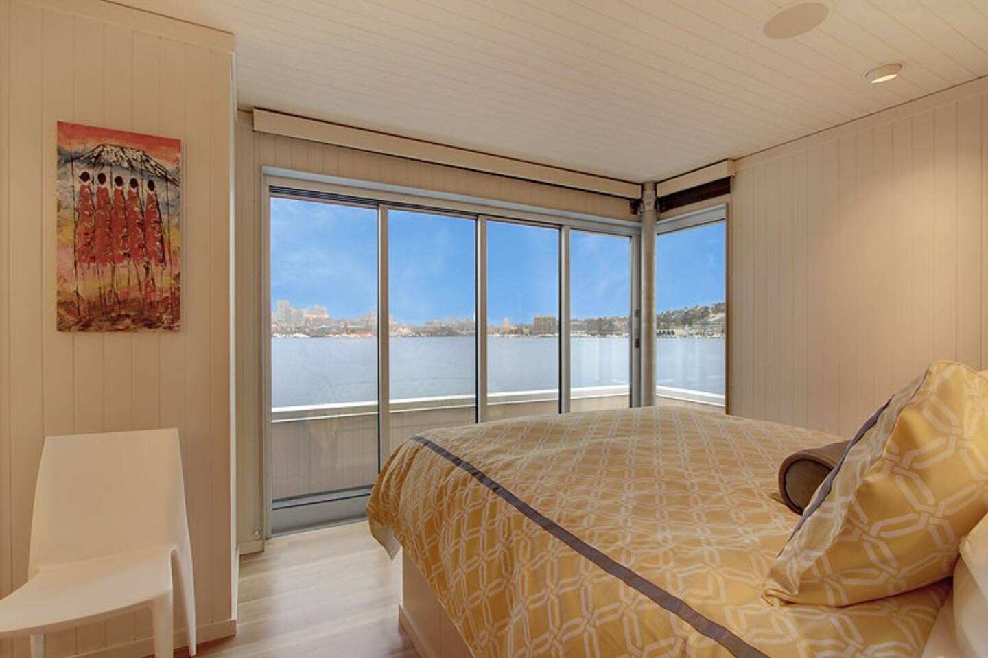 Master bedroom with view of space needle and downtown Seattle.