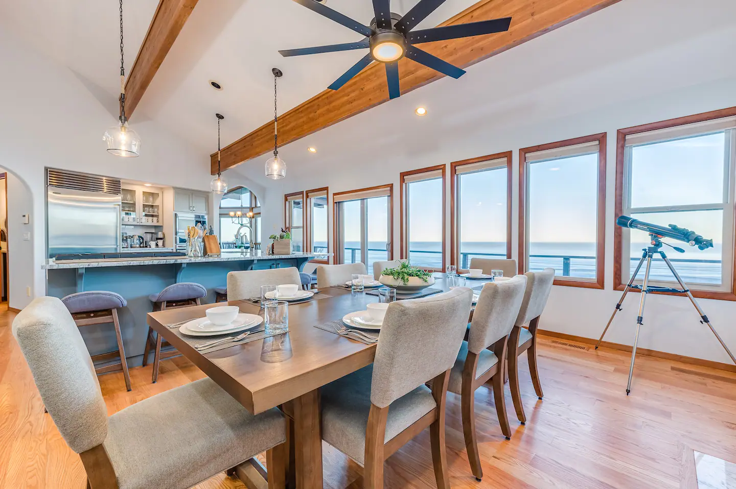 Brand new dining room and remodeled kitchen invite you to enjoy dinner on the table for 8 or the spacious granite island with seating for another 8.
