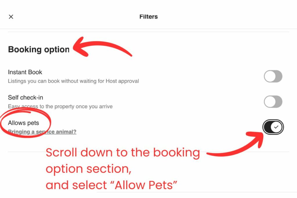 Step 2. Scroll down to the 'Booking option' section and turn on the 'Allow pets' button.