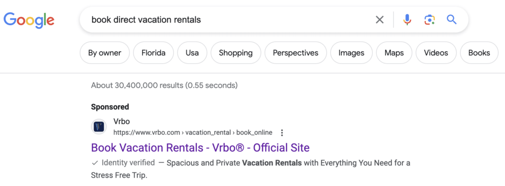 Book direct vacation rentals search results