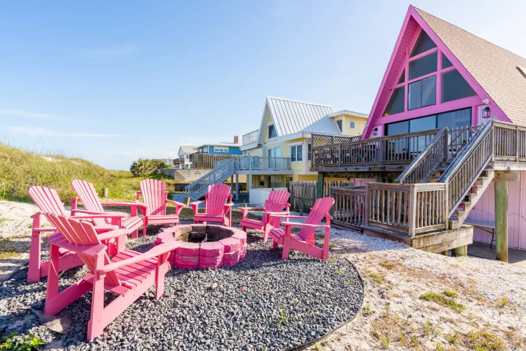 Pink fire pit and the pink house.