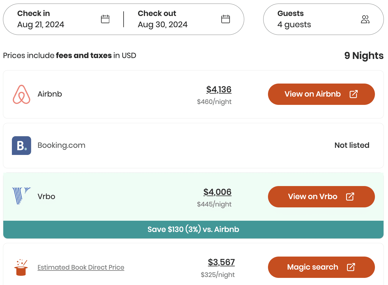 HiChee's price comparison results for this cabin